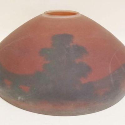1140	ANTIQUE REVERSE PAINTED GLASS LAMP SHADE, LANDSCAPE, APPROXIMATELY 15 1/2 IN OPENING AT BASE

