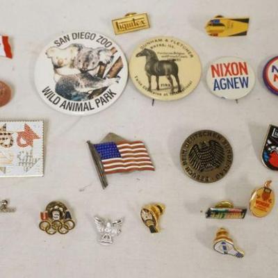 1269	GROUP OF ADVERTISING PINS WITH NIXON, DUNHAM & FLETCHER HORSES, OLYMPICS AND MORE

