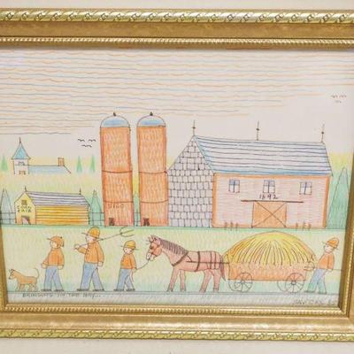 1281	JACK SAVITSKY *BRINGING IN THE HAY* CONTEMPORARY FOLK ART, MARKED ON BACK PASTEL, APPROXIMATELY 10 IN X 12 1/2 IN
