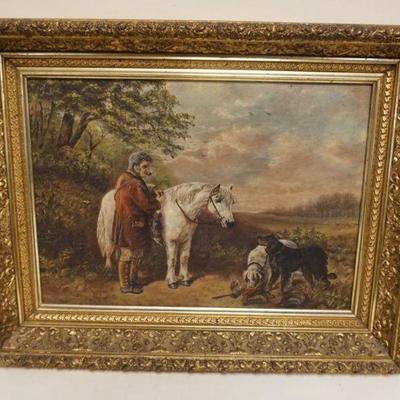 1132	ANTIQUE OIL PAINTING OF MAN W/HIS HORSE & HUNTING DOGS, APPROXIMATELY 22 IN X 18 IN OVERALL
