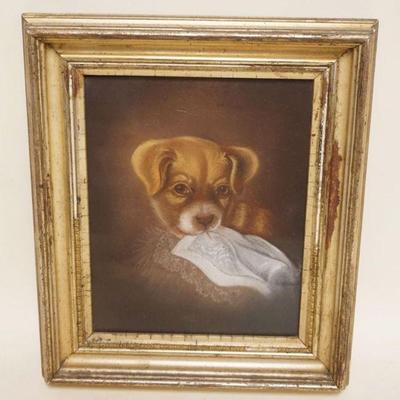 1133	ANTIQUE FRAMED PRINT OF PUPPY CHEWING ON LACE DOILIES, ARTIST SIGNED, APPROXIMATELY 11 1/2 IN X 14 IN OVERALL
