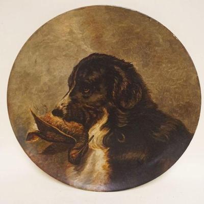 1134	OIL PAINTING ON CONCAVE BOARD OF HUNTING DOG, ARTIST SIGNED & DATED 1880 ON BACK, APPROXIMATELY 18 IN

