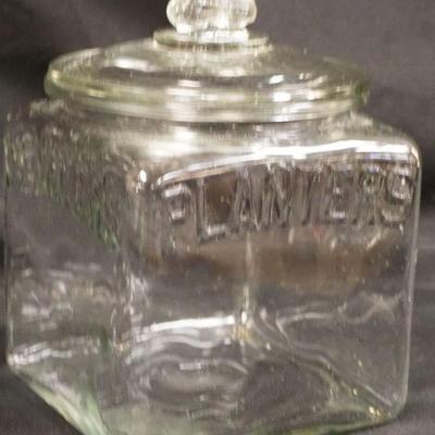 1085	ANTIQUE PLANTERS PEANUT GLASS STORE COUNTER TOP JAR, APPROXIMATELY 7 IN SQUARE X 10 IN HIGH
