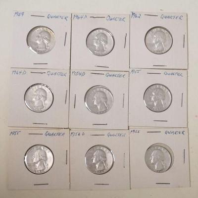 1196	GROUP OF 9 ASSORTED SILVER WASHINGTON QUARTERS

