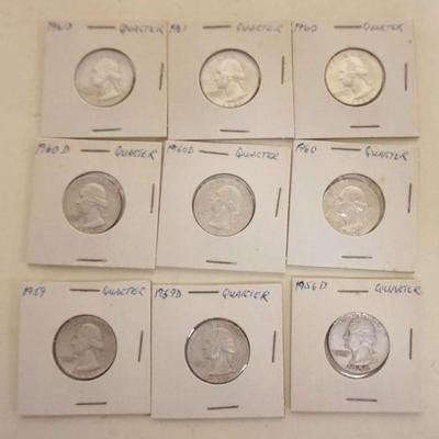 1194	GROUP OF 9 ASSORTED SILVER WASHINGTON QUARTERS

