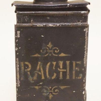 1061	PRIMITIVE TIN KEROSENE LANTERN MARKED *RACHE* W/RED LENS, APPROXIMATELY 2 IN X 3 IN X 7 IN HIGH
