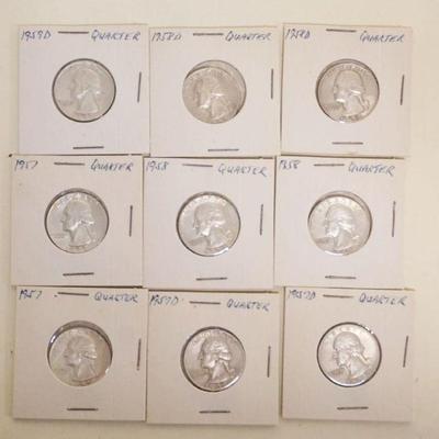 1198	GROUP OF 9 ASSORTED SILVER WASHINGTON QUARTERS

