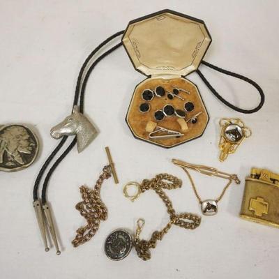 1264	GROUP OF MENS JEWELRY INCLUDING BOLO TIE, SOLID BRASS INDIAN HEAD BELT BUCKLE, RONSON TRIUMPH LIGHTER AND MORE
