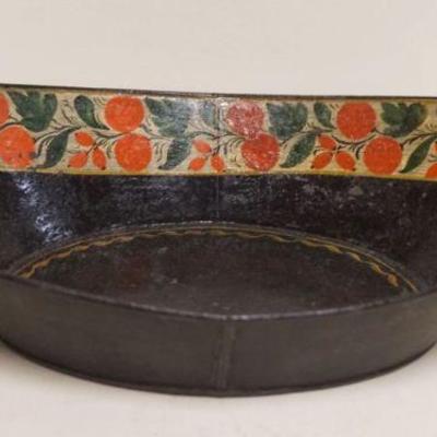 1103	ANTIQUE TIN TOLE DECORATED OVAL BREAD BOWL, APPROXIMATELY 13 1/8 IN X 8 1/2 IN X 3 1/2 IN HIGH
