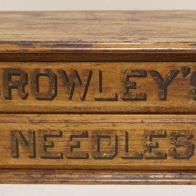 1027	COUNTRY STORE COUNTER TOP WOOD SEWING NEEDLES CABINET, 2 DRAWER, *CROWLEY'S NEEDLES*, LOSS TO TOP LEFT EDGE, APPROXIMATELY 13...