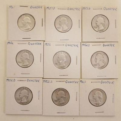 1201	GROUP OF 9 ASSORTED SILVER WASHINGTON QUARTERS
