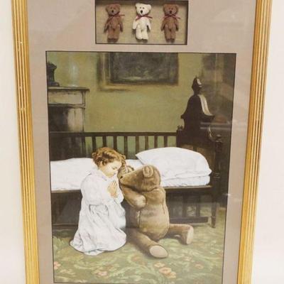 1067	FRAMED PRINT OF CHILD PRAYING W/TEDDY BEAR NEAR CRIB W/3 MINIATURE TEDDY BEARS ON TOP, APPROXIMATELY 15 1/4 IN X 23 IN OVERALL
