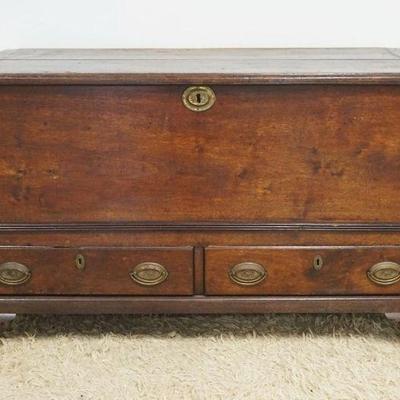 1154	ANTIQUE WALNUT DOVETAILED BLANKET CHEST ON FEET WITH 2 DRAWERS AT BASE, BREAD BOARD TOP AND HAND FORGED STRAP HINGES, APPROXIMATELY...