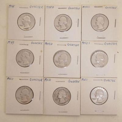1204	GROUP OF 9 ASSORTED SILVER WASHINGTON QUARTERS
