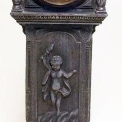 1141	ANTIQUE CAST METAL MINIATURE GRANDFATHERS CLOCK W/ALARM, LAST PAT DATE 1891, APPROXIMATELY 11 IN HIGH
