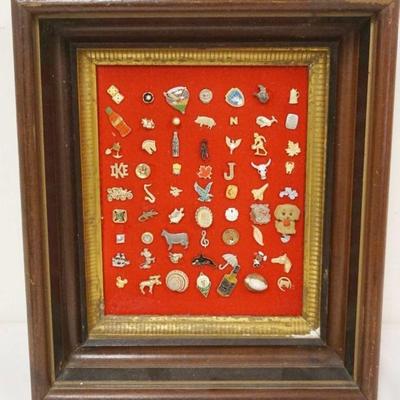 1249	GROUP OF ASSORTED PINS MOUNTED IN WALNUT SHADOW BOX FRAME, APPROXIMATELY 12 IN X 14 IN X 2 1/2 IN
