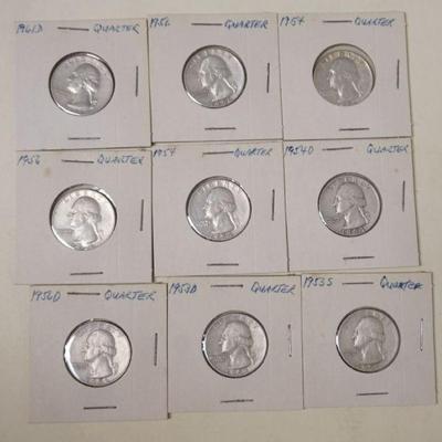 1195	GROUP OF 9 ASSORTED SILVER WASHINGTON QUARTERS
