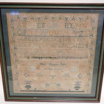 1029	ANTIQUE FRAMED SAMPLER MARY HOOTON ESLER IN HER 8TH YEAR, APPROXIMATELY 21 IN X 21 IN OVERALL
