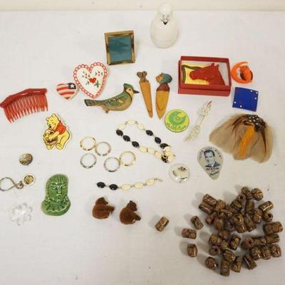 1276	GROUP OF MISC JEWELRY INCLUDING GLASS/STONE BEADS, SWISS JEWELRY PILLOW, PINS WITH GOP BROOM, CLICK WITH DICK POLITICAL, DRESSER...