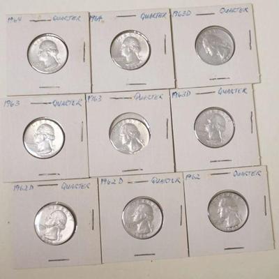 1197	GROUP OF 9 ASSORTED SILVER WASHINGTON QUARTERS
