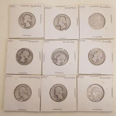 1200	GROUP OF 9 ASSORTED SILVER WASHINGTON QUARTERS
