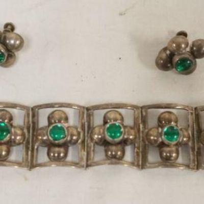 1267	VINTAGE MEXICO STERLING BRACELET AND EARRING WITH GREEN STONES
