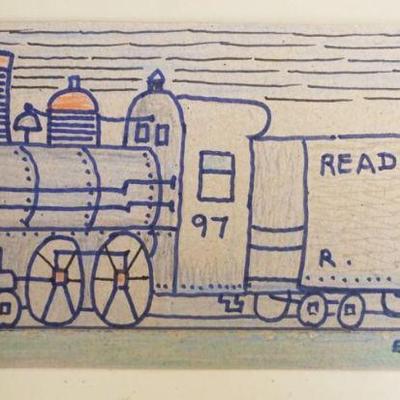 1295	JACK SAVITSKY *READING TRAIN 1987* CONTEMPORARY FOLK ART DRAWING ON THE BACK OF A CRACKER BOX, APPROXIMATELY 8 3/4 IN X 4 1/4 IN

