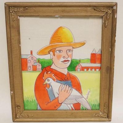 1279	JACK SAVITSKY *THE BOY AND ROOSTER* CONTEMPORARY FOLK ART DATED ON BACK 1975, WATERCOLOR, APPROXIMATELY 11 1/2 IN X 13 1/2 IN OVERALL
