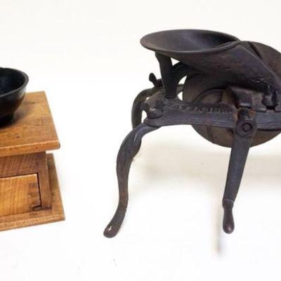 1015	ANTIQUE TABLE TOP COFFEE GRINDER & ANTIQUE CAST IRON CHERRY STONER 1866, LARGEST APPROXIMATELY 12 IN X 7 IN X 7 IN
