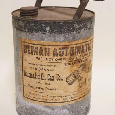 1080	ANTIQUE GALVINIZED KEROSENE CAN *BEMAN AUTOMATIC OIL CAN* APPROXIMATELY 10 IN HIGH
