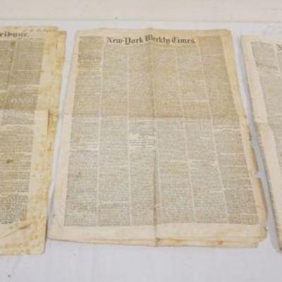 1124	3 ANTIQUE NEWSPAPERS, NEW YORK TRIBUNE 1870, NEW YORK WEEKLY TIMES 1854

