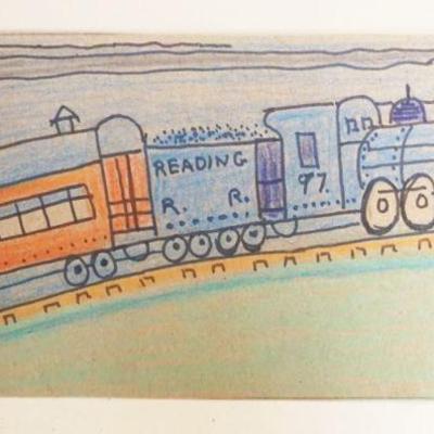 1294	JACK SAVITSKY *READING TRAIN 1988* CONTEMPORARY FOLK ART DRAWING ON BACK OF A CRACKER BOX, APPROXIMATELY 8 1/2 IN X 4 IN
