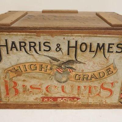 1109	ANTIQUE WOOD COUNTRY STORE ADVERTISING BISCUIT BOX, HARRIS & HOLMES HIGH GRADE BISCUITS, APPROXIMATELY 19 IN X 13 IN X 11 IN HIGH
