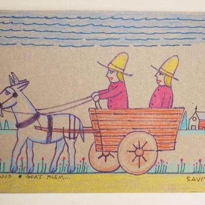 1293	JACK SAVITSKY *BUSHMANS GOAT FARM* CONTEMPORARY FOLK ART DRAWING, 1984, ON THE BACK OF A POST TOASTIES CORNFLAKE CEREAL BOX,...