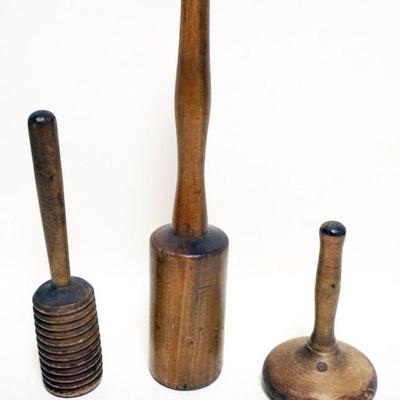 1037	GROUP OF ANTIQUE WOOD MASHERS, TALLEST APPROXIMATELY 19 IN H
