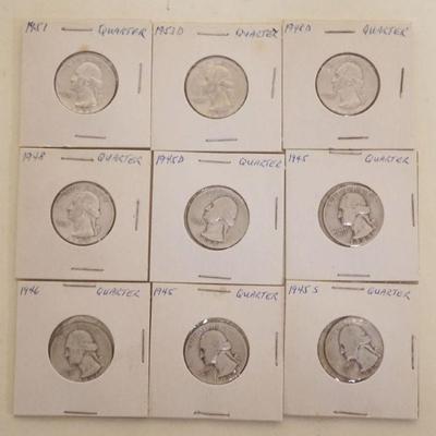 1205	GROUP OF 9 ASSORTED SILVER WASHINGTON QUARTERS
