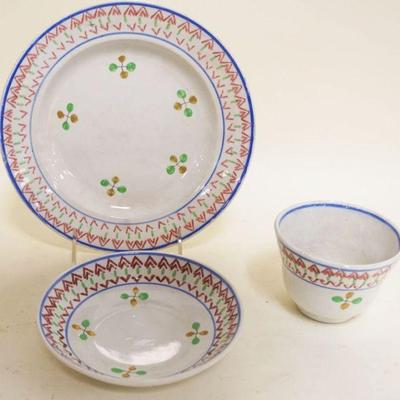 1094	STICK SPATTER ITEMS, 8 3/4 IN PLATE, 6 IN BOWL & HANDLESS CUP
