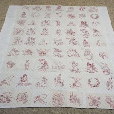 1058	ANTIQUE HAND SEWN QUILT W/EMBROIDERED CHILDREN IMAGES, APPROXIMATELY 69 IN X 71 IN
