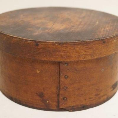 1111	PRIMITIVE ROUND COVERED SUGAR BOX, APPROXIMATELY 8 IN X 4 IN HIGH
