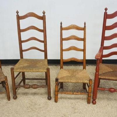 1159	4 ANTIQUE RUSH SEAT LADDER BACK CHAIRS, 1 ARM CHAIR
