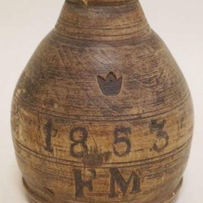 1142	WOOD CYLINDER W/DATE 1853 & INITIALS F.M. WEIGHTED BOTTOM, APPROXIMATELY 5 IN HIGH

