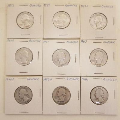 1203	GROUP OF 9 ASSORTED SILVER WASHINGTON QUARTERS
