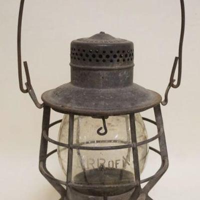 1078	ANTIQUE RAILROAD LANTERN, CENTRAL RAID ROAD OF NJ, ETCHED GLASS GLOBE, APPROXIMATELY 11 IN HIGH
