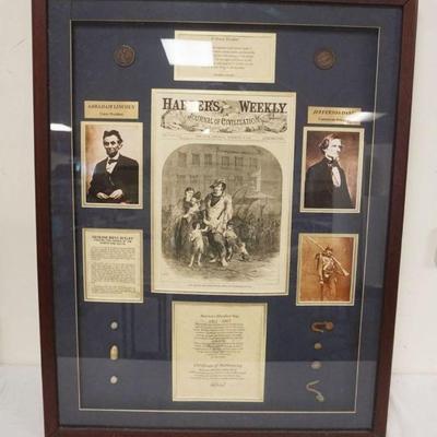 1129	FRAMED CIVIL WAR COLLAGE W/REPLICA PHOTOS, ARTIFACTS ARE ORIGINAL, APPROXIMATELY 28 IN X 35 IN OVERALL
