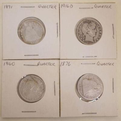 1207	4 SILVER QUARTERS INCLUDING SEATED LIBERTY & BARBER
