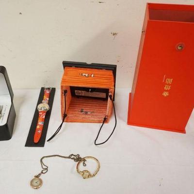 1268	LADIES WATCH GROUP INCLUDING ELGIN, VIVANI, WITTNAUER AND SWATCH IN CHINESE LANTERN CASE
