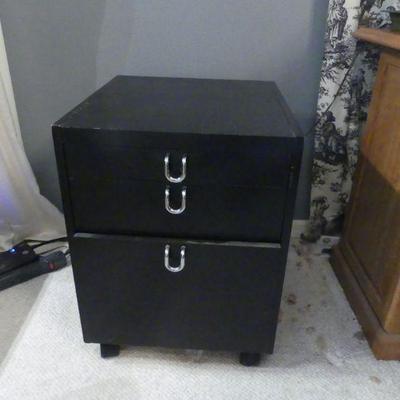 Stylish Black Wooden 3-Drawer File Cabinet on Wheels with Silver Tone Hardware - 18" x 20" x 23"