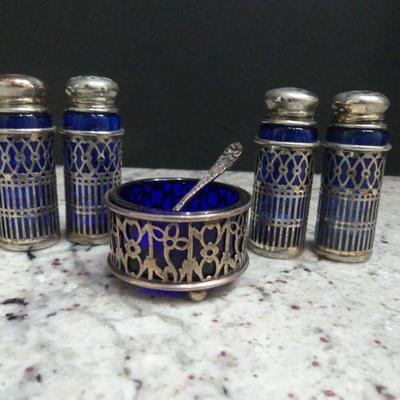 Vintage Gorham Silver Salt Cellar/Cobalt Liner with Spoon and 2 Cobalt Salt & Pepper Shaker Sets