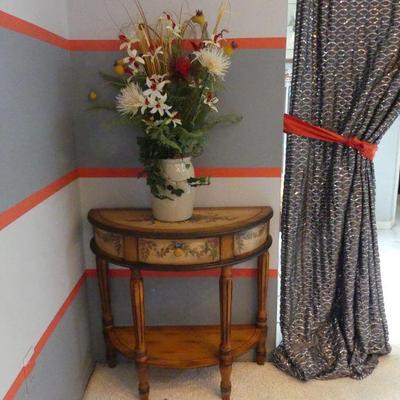 Vintage Hand Painted Mozart Light Demilune Console Table with Ceramic Vase Arrangement - 30" x 12" x 30"