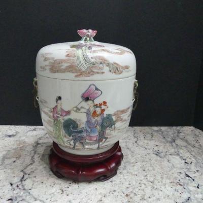 Vintage Chinese Hand Painted Porcelain Pot with Brass Handles on Teak Stand - 7" Diameter x 10" Tall